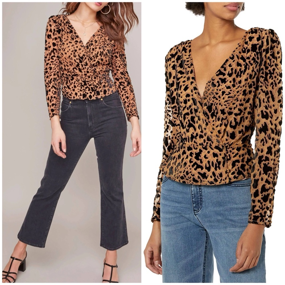 ASTR The Label Iris Blouse Small Leopard print brown black velvet burnout